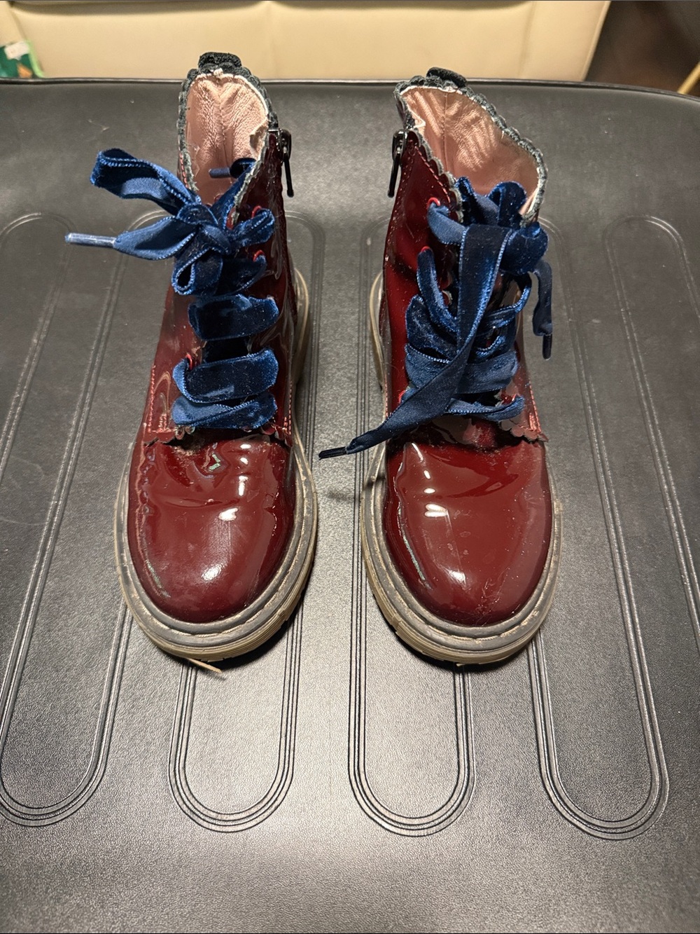 Women’s Burgundy Patent Lace-Up Ankle Boots with Navy Velvet Laces
